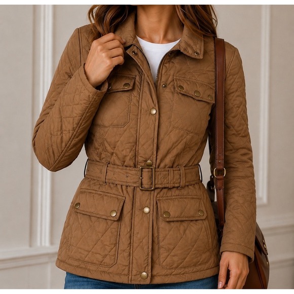Precchio Colors Concept Jackets & Blazers - Women's Camel Quilted Belted Jacket Equestrian Preppy Puffer Coat Spain US8/EU40